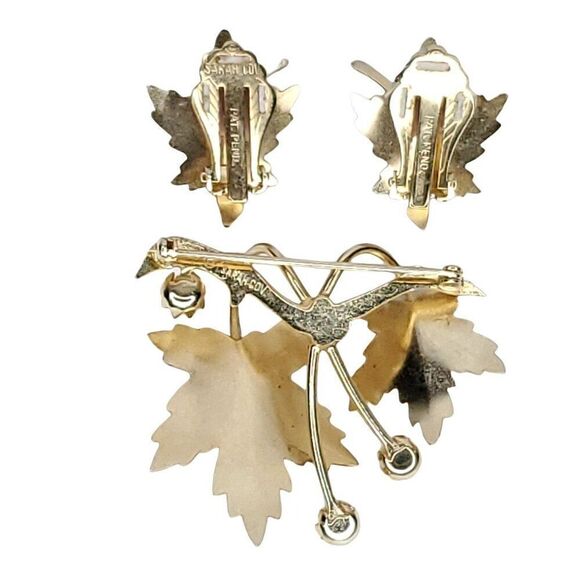 Vintage Sarah Coventry Maple Leaf Faux Pearl Earrings Brooch Goldtone - Picture 3 of 5